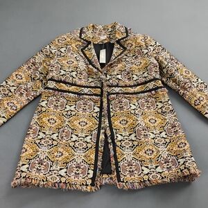 Chicos Jacquard Topper Jacket Fringe Trim Women's Size 2P Long Sleeves NWT $169